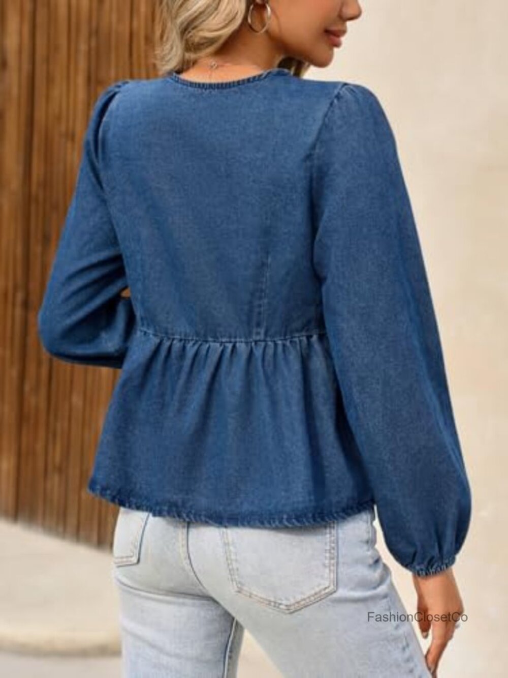 Women's Denim Babydoll Blouse with Long Puff Sleeves - Picture 2 of 6